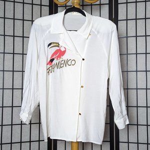 Vintage white button down shirt with flamenco and bird embroidery